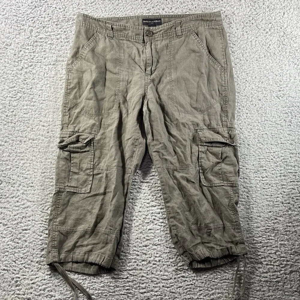 Banana Republic Womens Size 12 Olive Green 100% Linen Slouchy Cargo Crop Pants